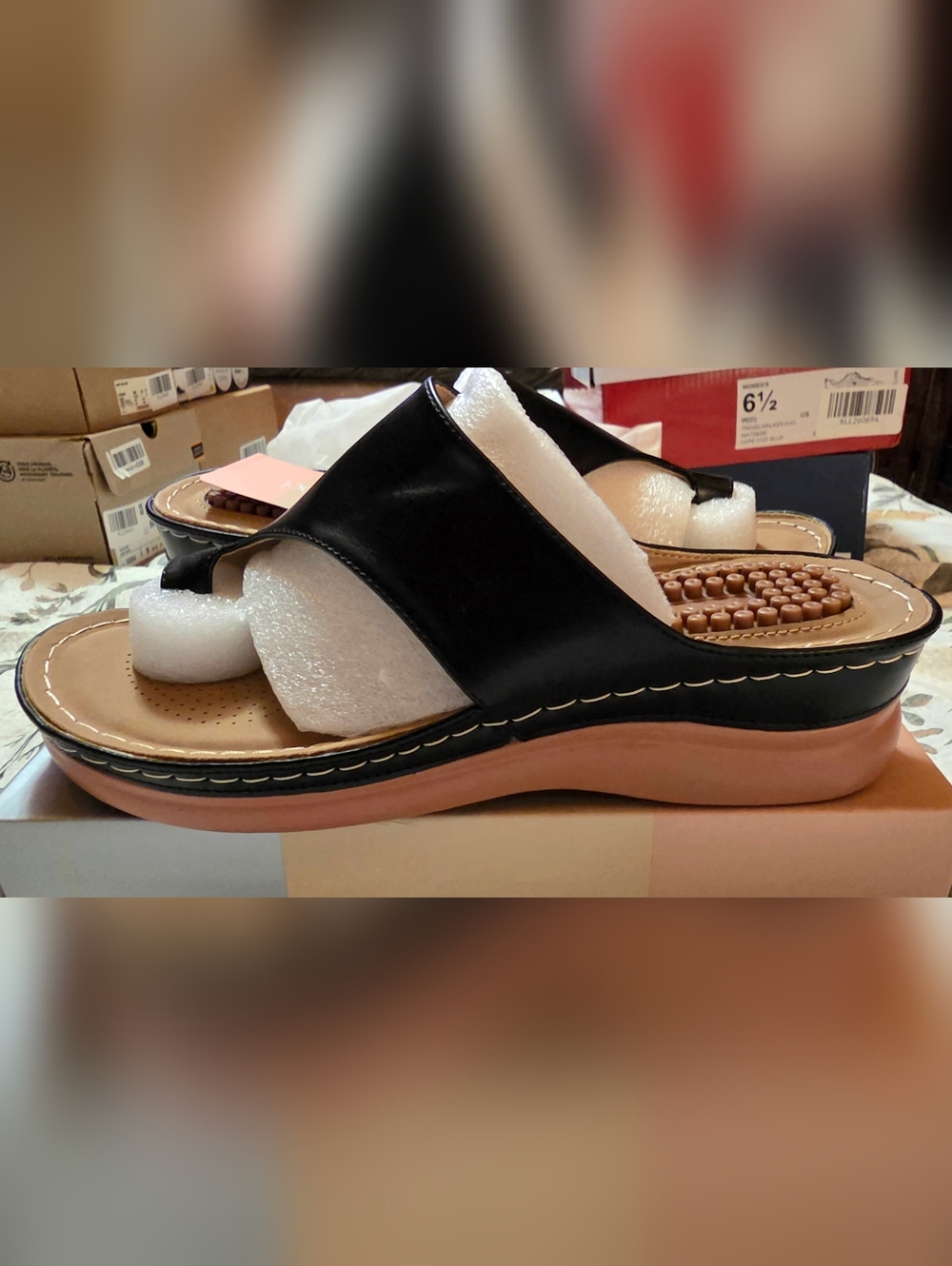 Women's Black Slide Sandals with Pink Wedge Sole